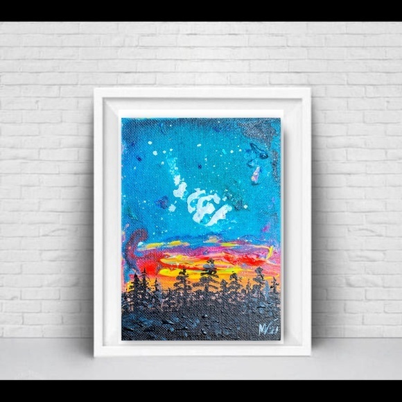 Northern Lights Painting Pine Tree Original Art Canvas Painting 6x4 Fluid Artwor - Picture 6 of 10